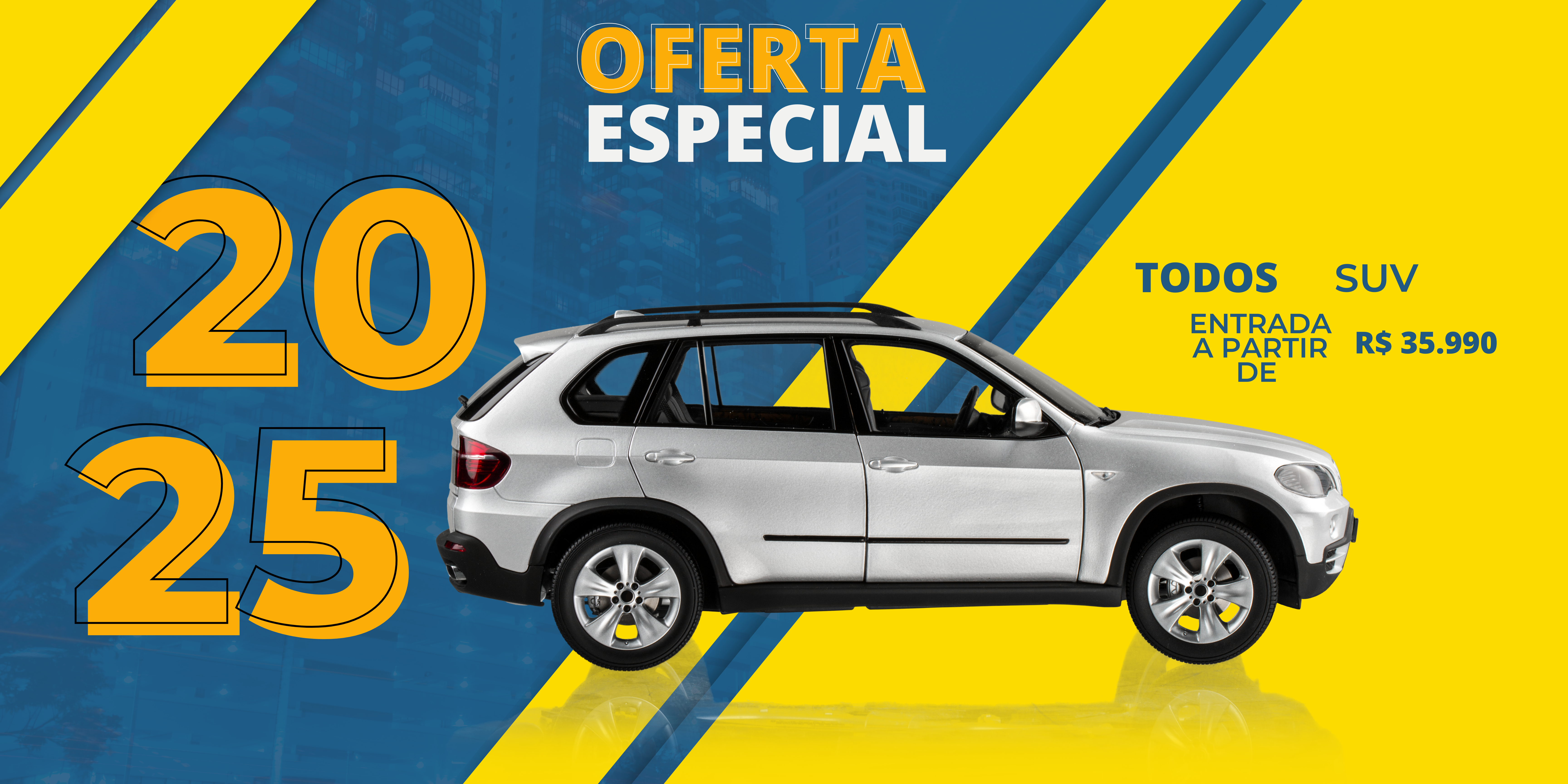 Banner de oferta de venda de carro fotografia edifícios da cidade azul e amarelo